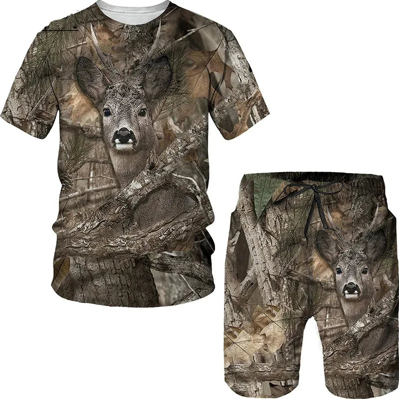 Animal Wild Boar Fox 3D Print 2Pcs set Camouflage Hunting T-Shirt Sets Fashion Men O-Neck Tracksuit Oversized Man Sweatshirt
