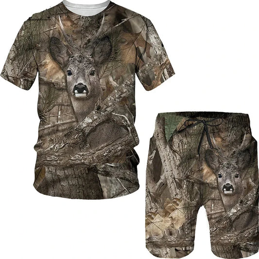 Animal Wild Boar Fox 3D Print 2Pcs set Camouflage Hunting T-Shirt Sets Fashion Men O-Neck Tracksuit Oversized Man Sweatshirt
