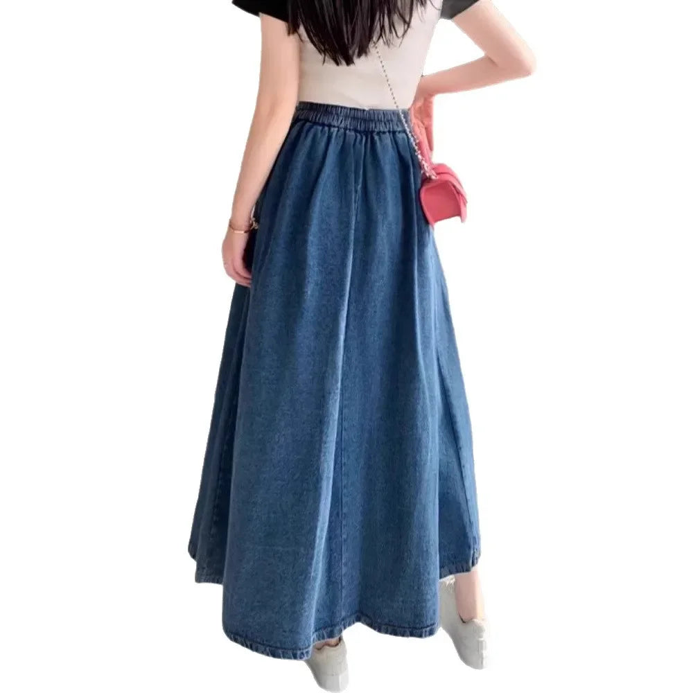 Plus Size Denim Pleated High Waist Midi Skirt Women's Design Sense Half Body Skirt Hip Conceal Slim a Line Skirt