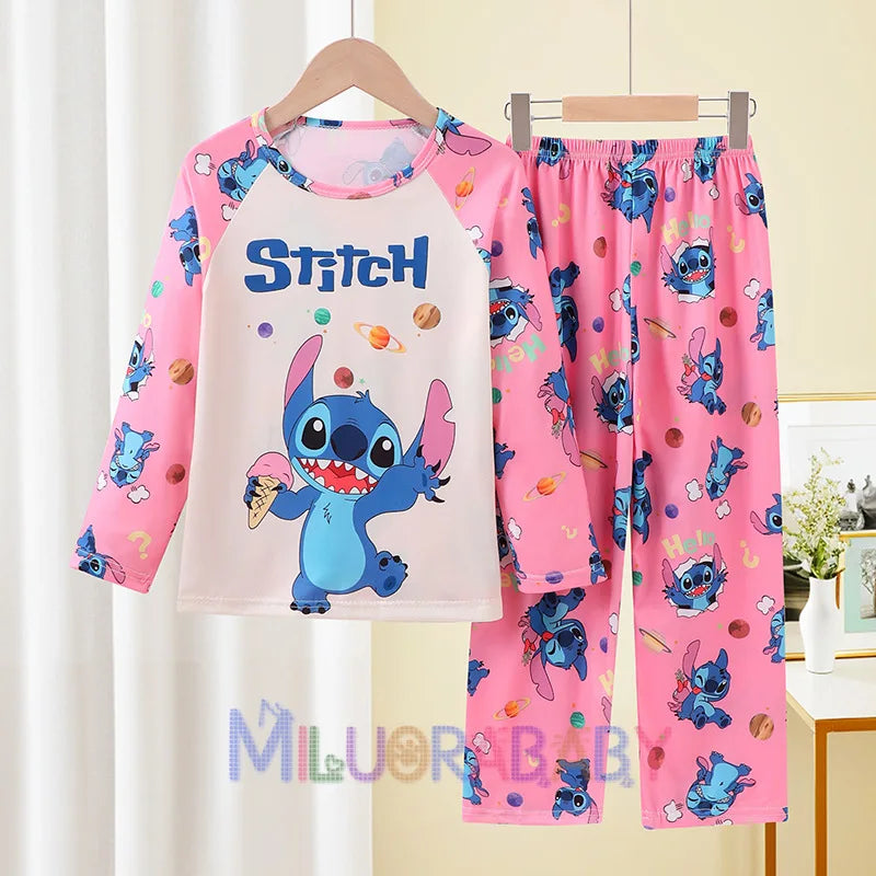 Pigiama per bambini dai 2 ai 14 anni, completo a maniche lunghe per primavera e autunno, set pigiama per bambini con motivo a cartoni animati Stitch, abbigliamento da casa comodo e casual per ragazzi e ragazze.