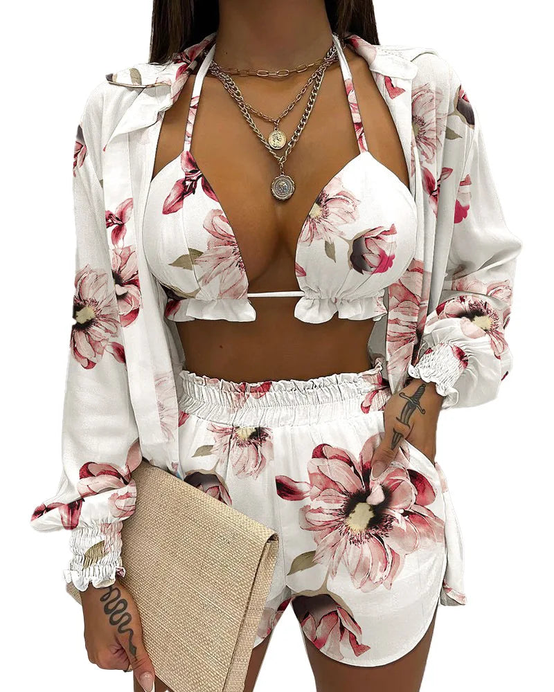 Costume da bagno a tre pezzi, sexy, da spiaggia, nuovo 2024, pantaloncini da bagno, copricostume, bikini estivo a vita alta, set bikini stampato da donna.
