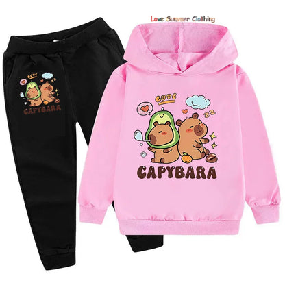 Set di 2 pezzi per bambine con felpa e pantaloni da jogging con stampa capibara, completo comodo per bambini, abbigliamento da gioco con capibara, lavabile in lavatrice, completo sportivo coordinato per tutti i giorni per ragazzi.