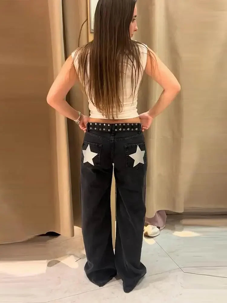 Star Women's Denim Wide-leg Pants Loose High-waist Buttons Glistening Long Trousers 2026 New Ladies Early Spring Solid Pant