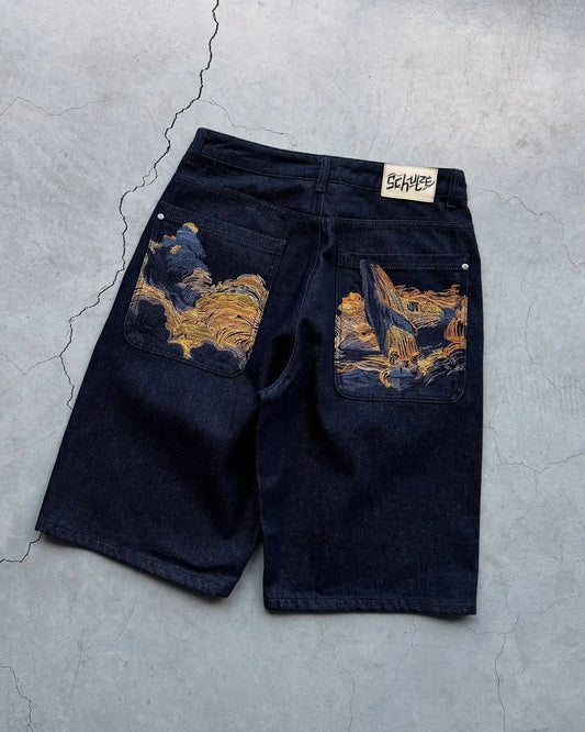 Pantaloncini in denim vintage streetwear Y2K da uomo e donna, stile hip hop, con tasche ricamate a cartone animato, pantaloncini larghi sopra il ginocchio, pantaloncini casual