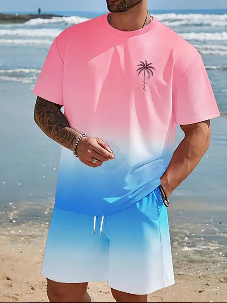 Completo estivo casual da uomo composto da 2 pezzi: pantaloncini a maniche corte con stampa hawaiana, t-shirt da uomo e pantaloncini da spiaggia per sport all'aria aperta.