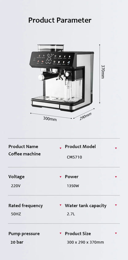 Macchina per caffè espresso semiautomatica italiana da 220 V con funzione di macinazione, macchina per caffè espresso per uso domestico, macchina per caffè commerciale