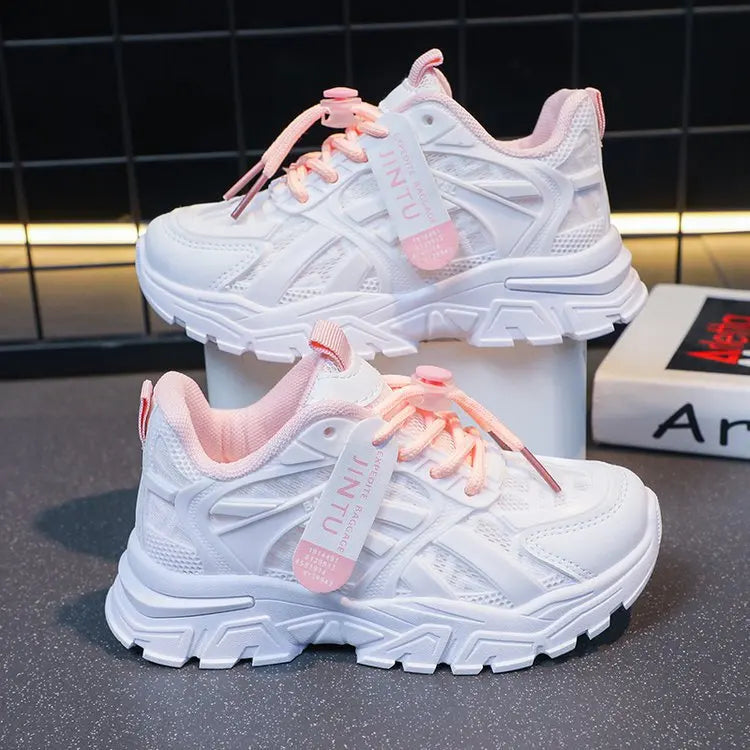 Scarpe casual per bambini, sneakers per bambini e bambine, scarpe bianche tinta unita, scarpe da corsa sportive traspiranti in mesh, sneakers chunky