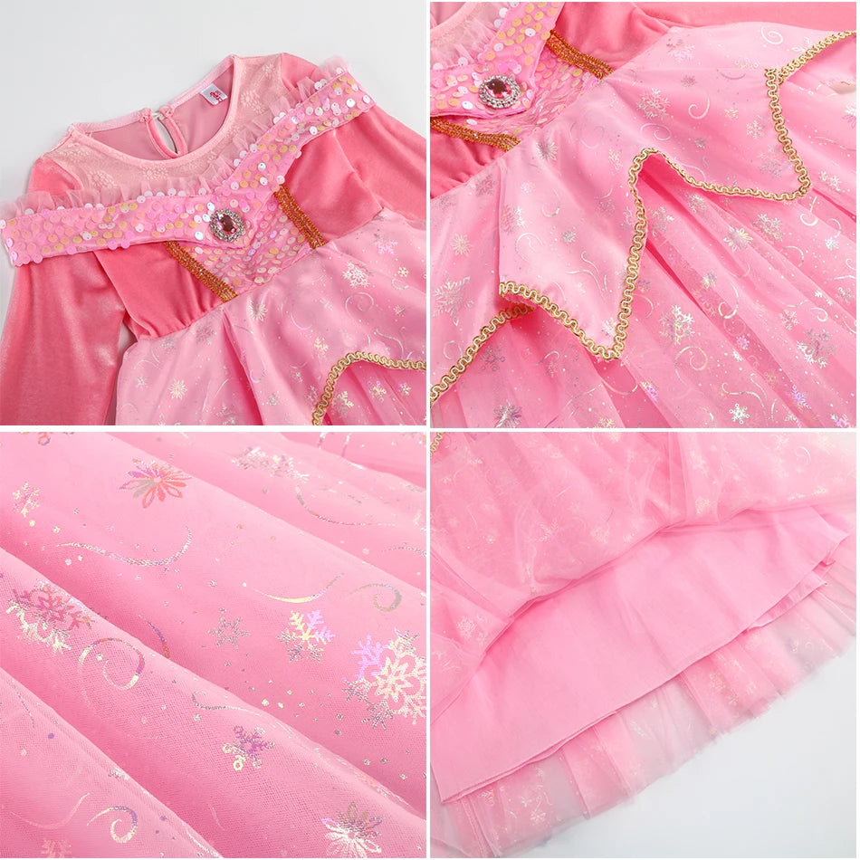 Costumi di Halloween per bambine, abiti da festa rosa per bambine, abito da principessa Aurora, costume cosplay della Bella Addormentata, set di travestimenti fantasy.
