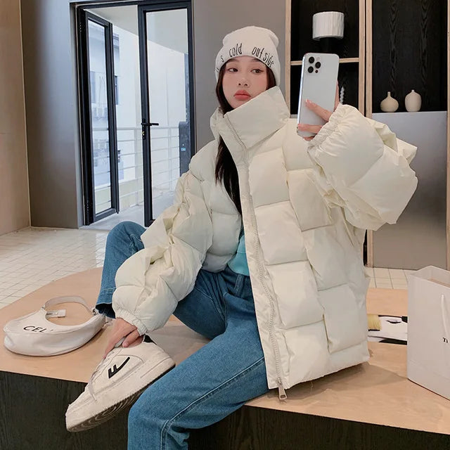 Winter Fashion Women Parkas Warm Down Cotton Coats Bubble Jacket Thick Knitted Loose Puffer Coat Stand Collar Female Outwear