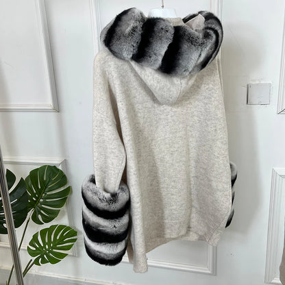 Maglione in cashmere da donna con polsini in vera pelliccia di coniglio, abito invernale caldo in lana, maglione di lusso in pelliccia di coniglio naturale