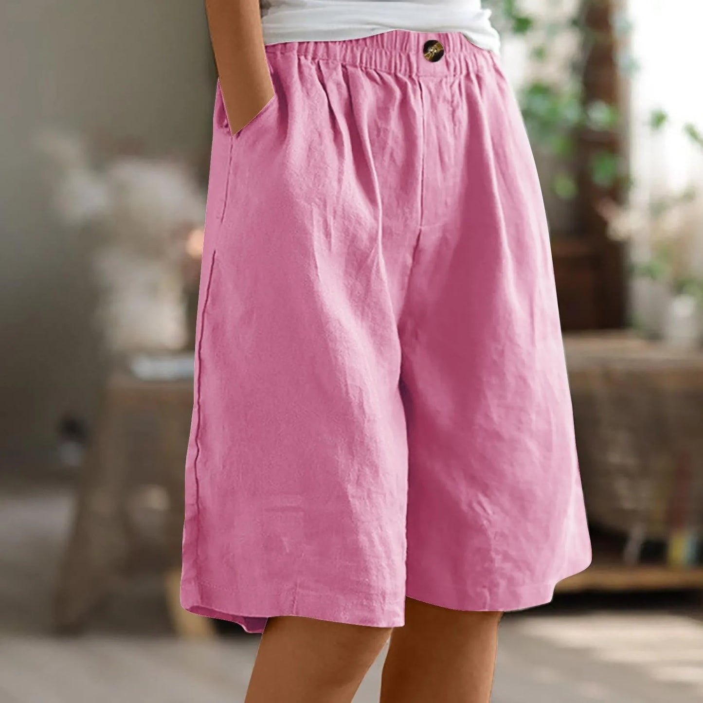 Female Fashion Solid Color Elastic High Waist Pocket Button Up Loose Cotton Linen Five Length Shorts Summer Soft Comfort Pants