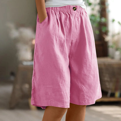 Female Fashion Solid Color Elastic High Waist Pocket Button Up Loose Cotton Linen Five Length Shorts Summer Soft Comfort Pants