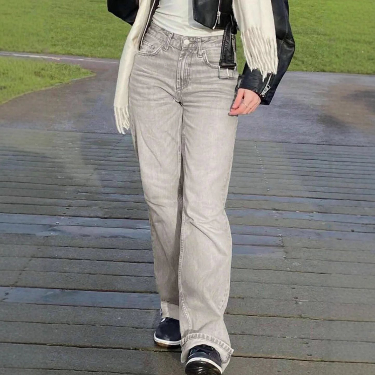 Retro High Street Light Grey Denim Pants Women's High Waist Loose Slim Wide Leg Straight Cut Trousers Artistic Vintage Style