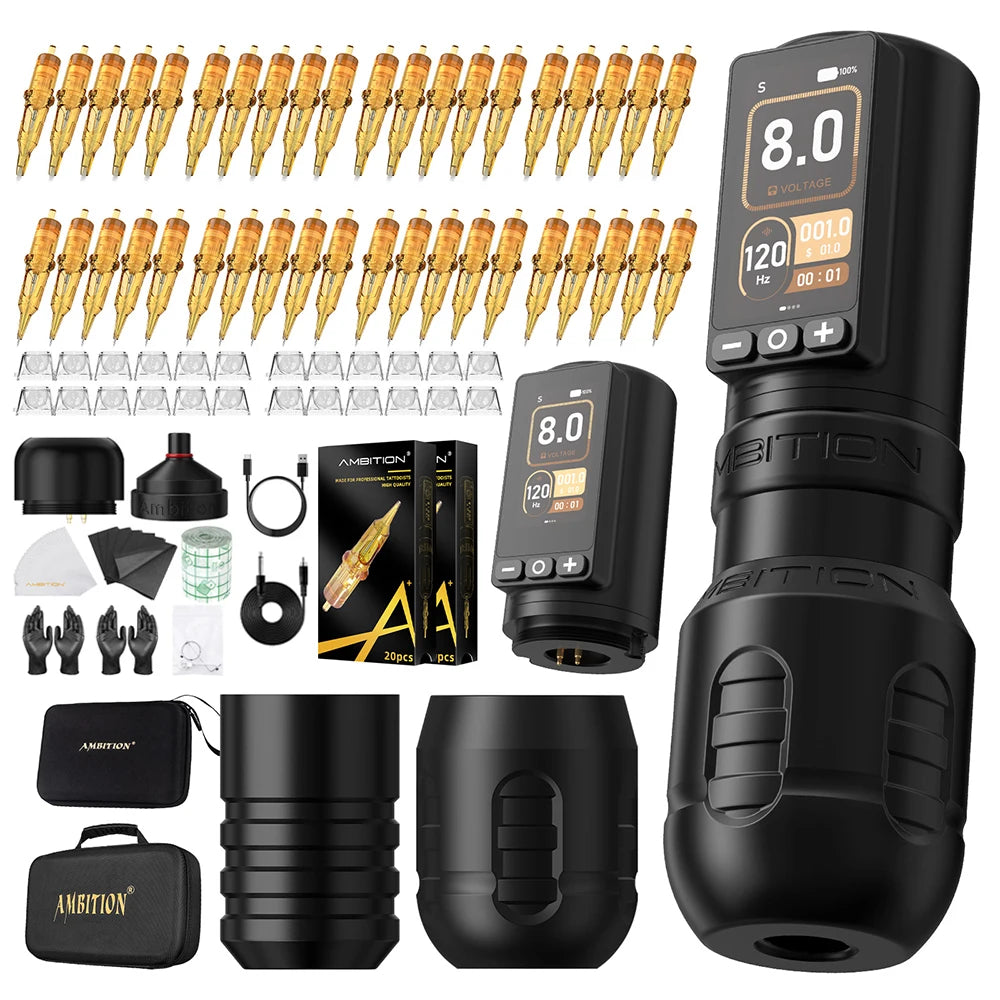 Kit Ambition Torden Max, macchinetta per tatuaggi wireless con corsa di 4,0+3,5 mm, motore brushless, asta dritta, penna, batteria da 2400 mAh, touchscreen.