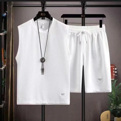 Completo estivo 2024 da uomo, ampio, a maniche corte, casual, con canotta e pantaloncini sportivi, traspirante, ideale per la strada e la gioventù.
