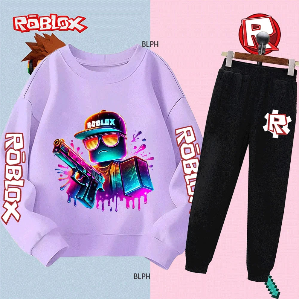 Set felpa con cappuccio Roblox per bambini e bambine, felpa alla moda a maniche lunghe con pantaloni e stampa di personaggi dei cartoni animati, casual