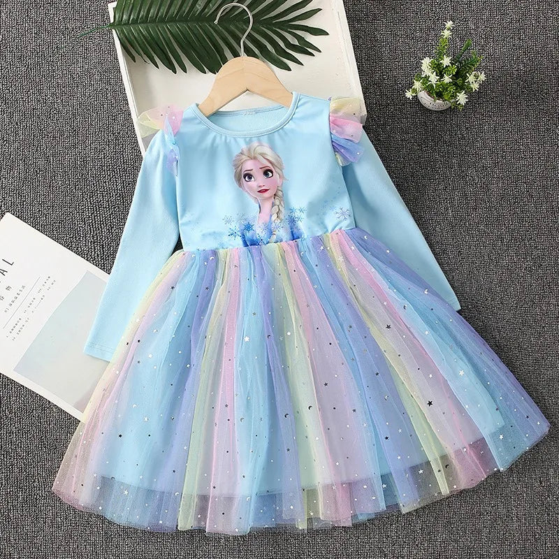 Nuovo vestito da principessa per bambine, vestito a maniche lunghe per feste, vestito di Elsa di Frozen, vestito per bambini primavera autunno 2-9 anni