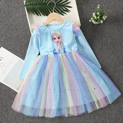 Nuovo vestito da principessa per bambine, vestito a maniche lunghe per feste, vestito di Elsa di Frozen, vestito per bambini primavera autunno 2-9 anni