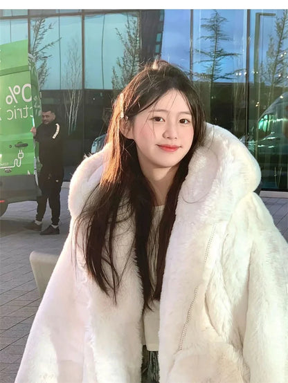 Korean Thickened Mink Velvet Coat Women Winter Clothes New Jacket Version Loose Imitation Rabbit Fur Plush Hooded Fur Coat