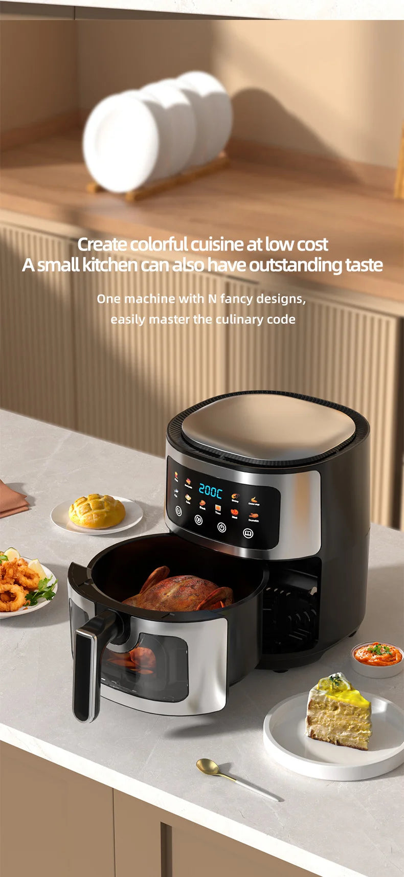 Friggitrice ad aria in acciaio inossidabile da 5 litri, elettrodomestico da cucina elettrico con display LCD e controllo touch screen, senza olio, per casa e hotel