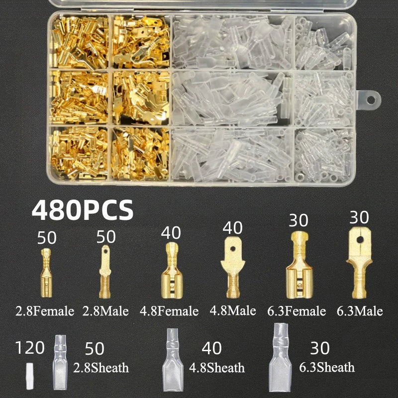 Insulated Male Female Wire Connector Tabs Set 2.8/4.8/6.3mm Electrical Crimp Terminals Brass Spade Terminal Connectors Kit