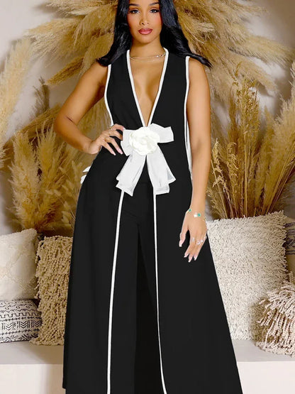 Completo coordinato da donna con due pezzi, elegante abito da compleanno in discoteca, top lungo senza maniche con scollo a V e pantaloni a gamba larga