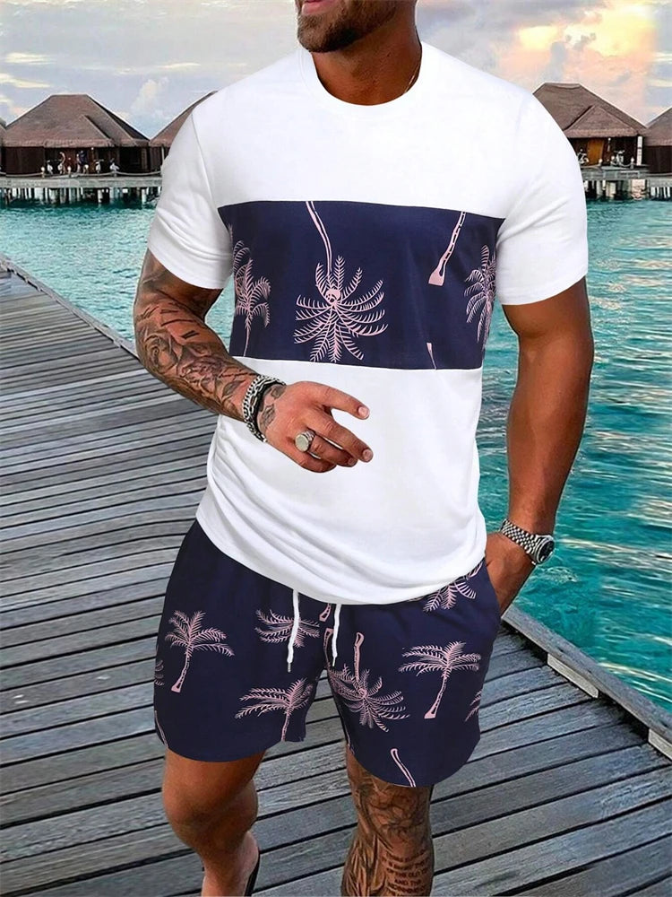 Completo da uomo estivo alla moda con stampa hawaiana di cocco 2024, composto da t-shirt, pantaloncini e tuta sportiva traspirante a due pezzi con stampa 3D a maniche corte.