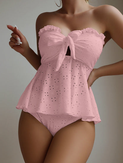 Bow Tie Patchwork Bikinis Set Off The Shoulder Female Swimsuit Hollow Out Women Swimwear Solid High Waist Bathing Suit Biquini