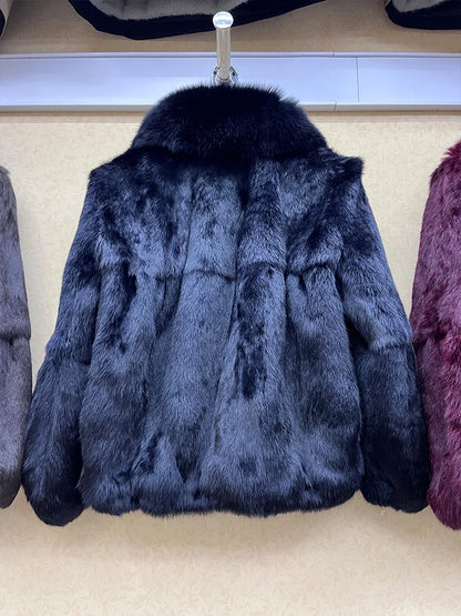 Fashion 100% Real Rabbit Fur Coat With Luxury Natural Fox Fur Collar Jacket Genuine Full Pelt Whole Rabbit Fur Overcoat
