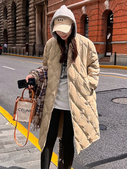 Women's Mid-Length Lightweight down Cotton Jaet Diamond id Knitted Coat Knee-High Winter Faion Korean Sle Loose Fit