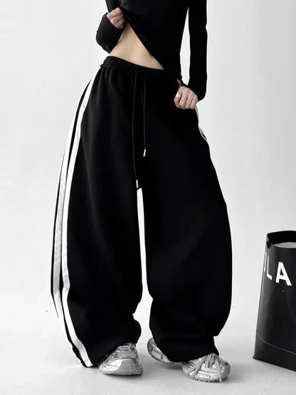 Y2K Vintage Striped Sweatpants Women Streetwear American Hip Hop Loose Pants Retro High Waist Casual Lace Up Spring Bf Trousers