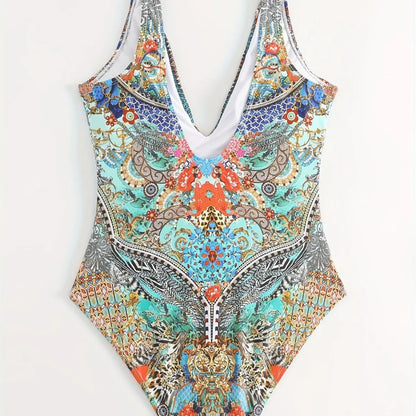 Sexy Print V-Neck One-Piece Bikini Swimwear Thermal Spring Vacation Women's Fashionable Trendy Swimsuit with Strap