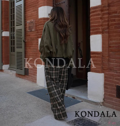 KONDALA Trendy Casual Plaid Trousers Women Elegant Vintage Long Pants 2026 Spring Fashion High Street Commute Chic Female Pants