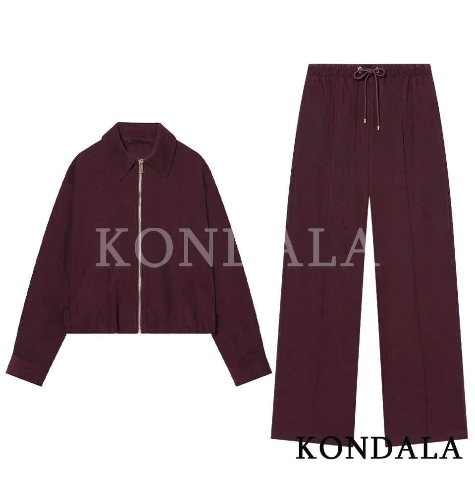 KONDALA Set di pantaloni casual alla moda da donna, eleganti, stile High Street, con risvolto largo, giacca con cerniera, pantaloni con coulisse, set per le vacanze primaverili 2026