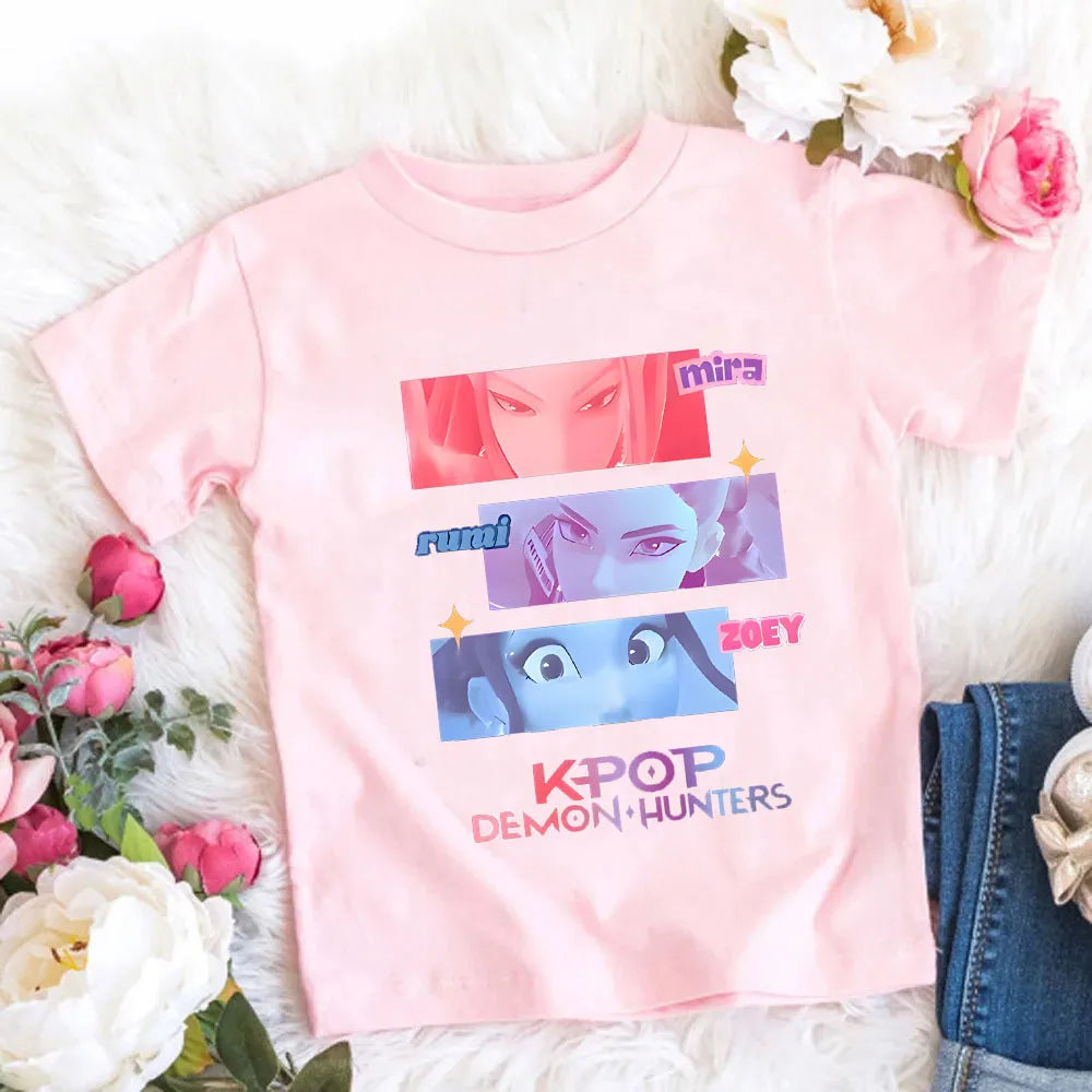 2026 Maglietta per bambine in morbido cotone con stampa del film KPop Demon Hunters - Regali per i fan - Abbigliamento per bambini - Top casual alla moda
