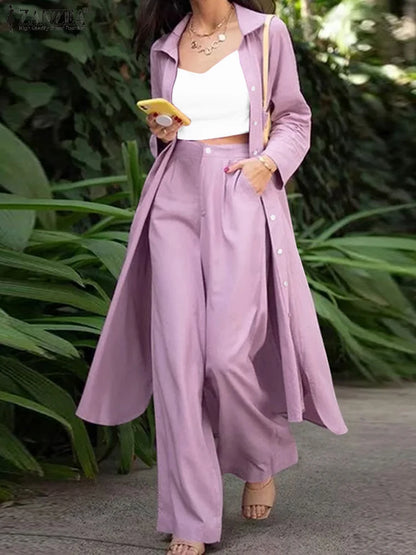 ZANZEA 2025 Primavera Moda Manica Lunga Risvolto Camicia Lunga Pantaloni Set Donne Lavoro Abbinati Set 2 Pezzi Abiti Solido Ampio Pantaloni Tuta