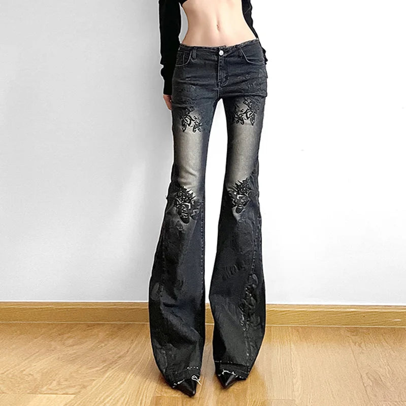 Jeans da donna New American Retro Street Style Stampa vegetale Lavato Vintage Pantaloni a zampa a vita bassa Trendy Versatile