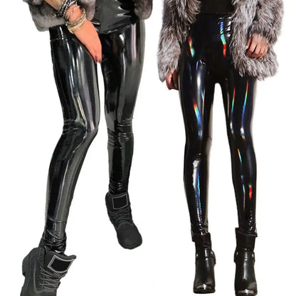 Sexy Shinny Women Leather Pants High Waist Mirror Slim Black Trousers Night Club Pencil Pants PU