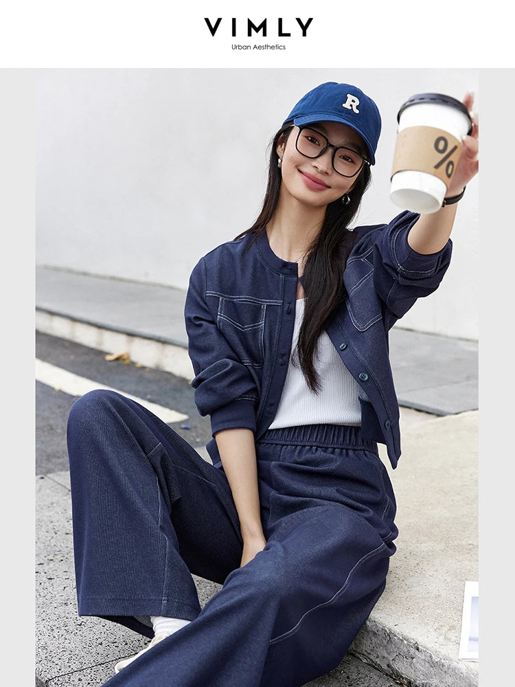 VIMLY Set di pantaloni primaverili da donna in due pezzi 2025 Abiti casual Giacca corta Pantaloni a gamba larga Novità Set coordinato Abbigliamento femminile 387