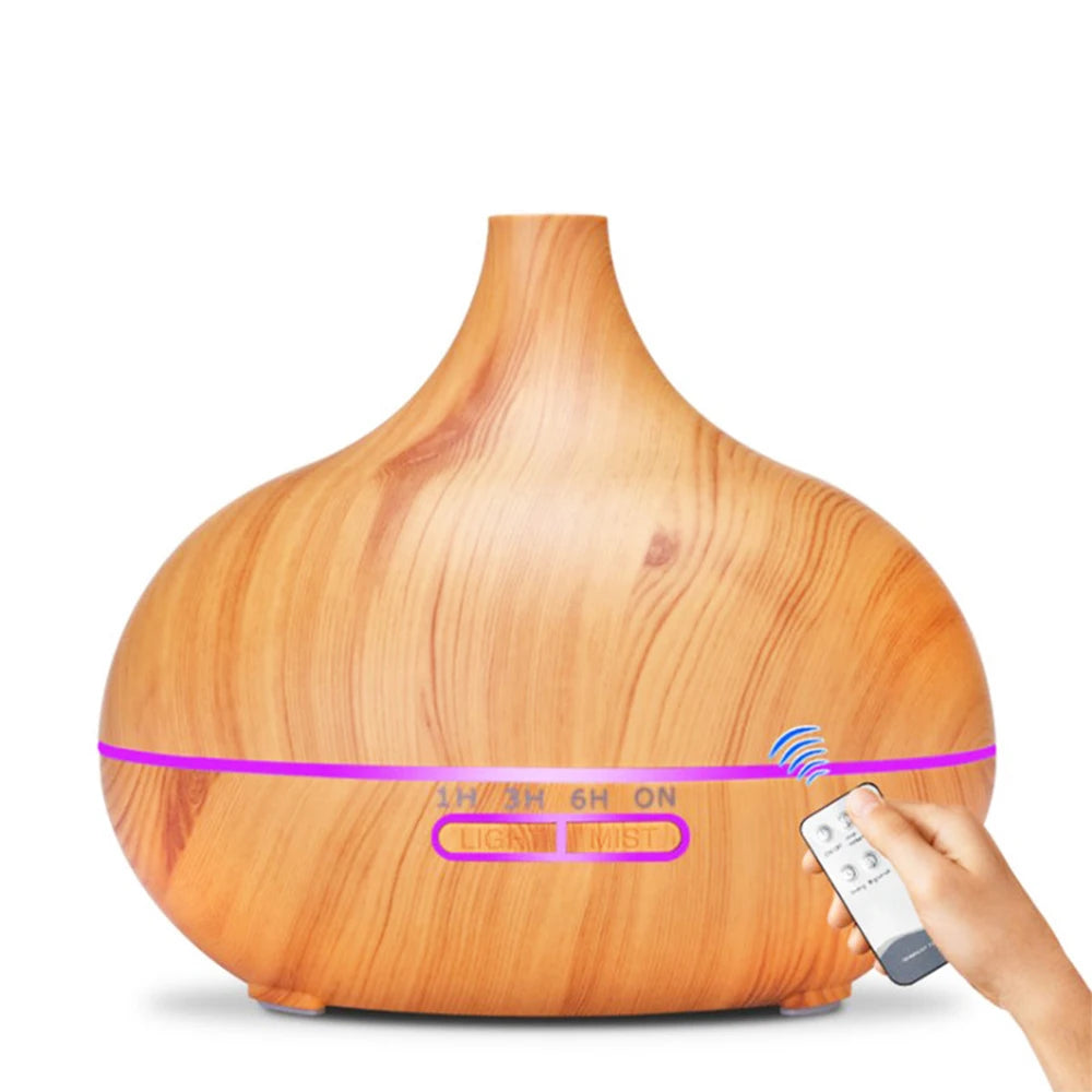 Diffusore di oli essenziali per aromaterapia con finitura effetto legno, telecomando, umidificatore ad ultrasuoni e luce LED a 7 colori.