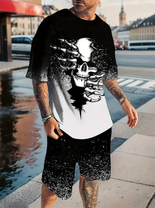 T-shirt casual a maniche corte per vacanze, pantaloncini da strada per esterni, set di pantaloncini estivi da uomo a maniche corte, set da uomo con stampa teschio, modello alla moda