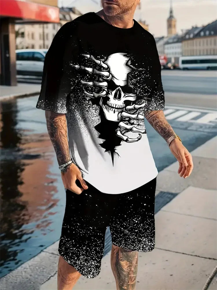 T-shirt casual a maniche corte per vacanze, pantaloncini da strada per esterni, set di pantaloncini estivi da uomo a maniche corte, set da uomo con stampa teschio, modello alla moda