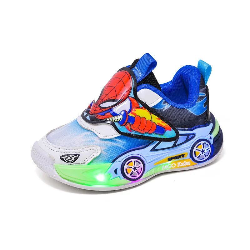 Scarpe casual per bambini con luci LED, motivo cartoni animati, in mesh, autunnali, per sport all'aria aperta, traspiranti e antiscivolo, nere e blu, taglie 21-30.