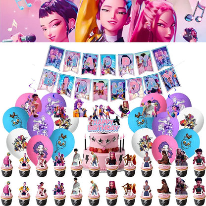 Kpop Demon Hunter Birthday Decoration Set Kpop Girl Cup Pate Happy Balloon Happy Banner Gift Bags Supplies for Kids Party Favors