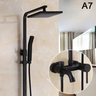 Bathroom Antique Black Painting Brass Lifting Column Wall Mount Shower Set 8" 3-Functions Hot Cold Rainfall Shower Mixer Tap