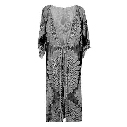 Cardigan lungo da donna in pizzo ricamato color sabbia, copricostume nero a maniche corte con fiori all'uncinetto, cardigan kimono da spiaggia
