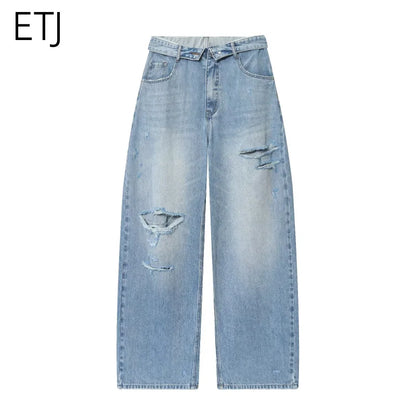 ETJ 2025 nuovi jeans da donna street fashion a vita media con risvolto, lavati e strappati, versione ampia dei pantaloni lunghi fino al pavimento