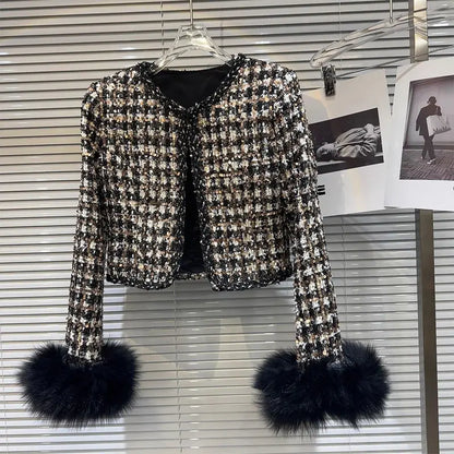 Chic Sequins Coarse Tweed Quilt Liner Plaids Blazer Jacket Checked Cotton Padded Coat OL Faux Fur Cuff Cardigan Long Sleeve Tops