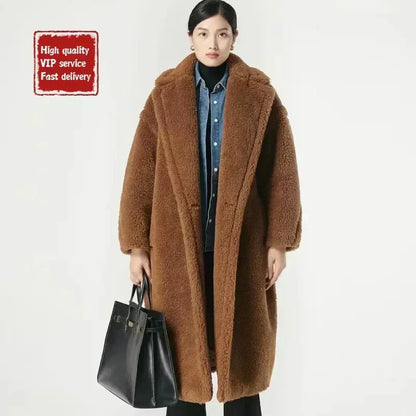 DUTRIEUX Women's Long Teddy Bear Coat, 2025 Winter New Style, Thickened Warm Alpaca Wool and Cashmere Long Genuine Fur Coat