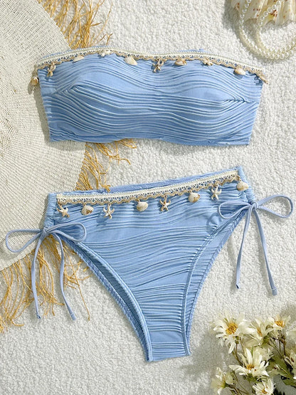 XS - XL Bandeau Wrinkled High Cut Bikini Women Swimwear Female Swimsuit Two-pieces Bikini Set Shell Bather Bathing Suit Swim
